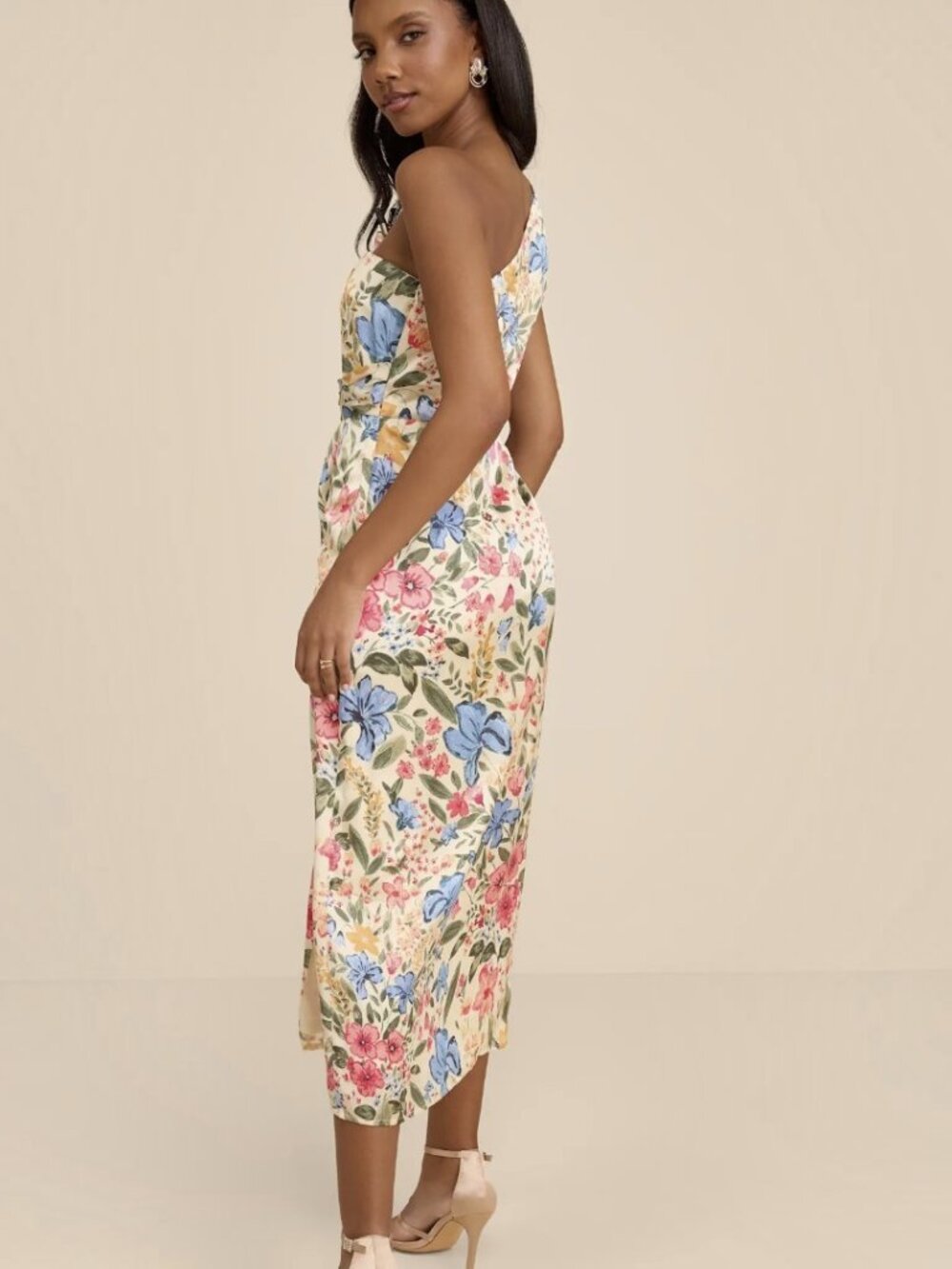 Lulus Rhema Cream Multi Floral Print Satin Midi Dress NWT - Picture 4 of 12